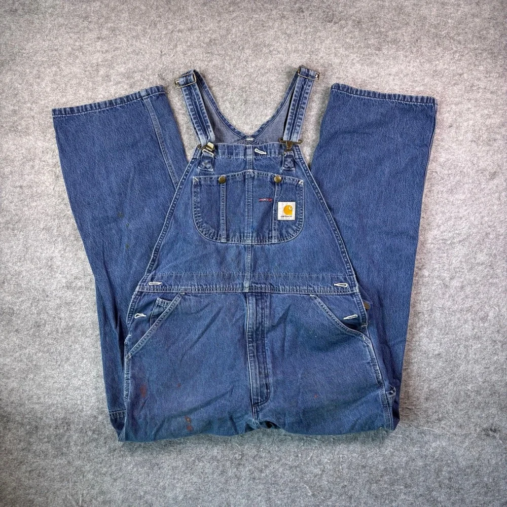 Carhartt R08 DST Denim Bib Overalls Mens 36x32 Blue Carpenter Workwear Paint
